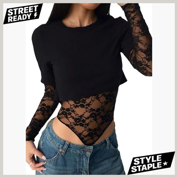Long Sleeve Mesh Lace Bodysuit Crop Top Y2K Party Club Going Out